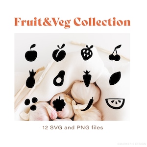 Design de clipart de frutas e vegetais, arquivos SVG e PNG em cor preta de abacate, maçã, pêssego, cereja, cenoura, nozes, sementes, melancia, pimentão