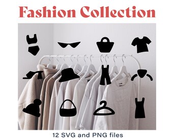 Fashion Clothing Clip Art Designs, SVG and PNG Files of Underwear, Dress, Jumpsuit, T-Shirt, Baguette Bag, Bucket Hat, Handbag, Mule Shoe