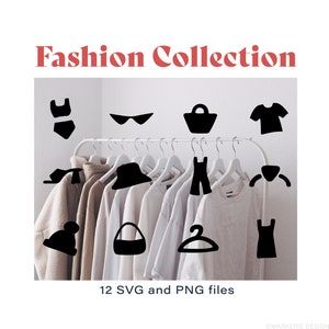 Diseños de imágenes prediseñadas de ropa de moda, SVG y PNG Archivos de ropa interior, vestido, mono, camiseta, bolso baguette, sombrero de cubo, bolso, zapato de mula