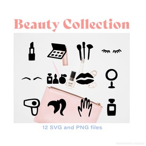 Disegni di clip art di bellezza, file SVG e PNG di colore nero di rossetto, tavolozza di trucco, ciglia, sopracciglia, bottiglie di profumo, specchio, asciugacapelli
