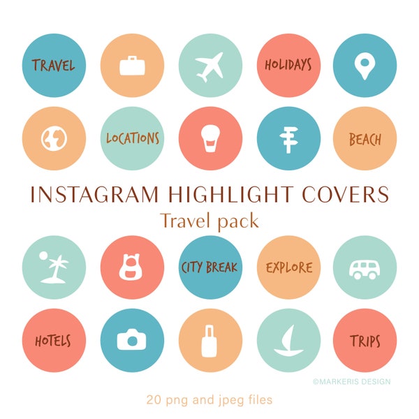 80 Travel Instagram Highlight Icons, Hand Drawn IG Story Covers for Travel Blogger, Writer, Wanderlust Tourist, Nomad, Travel Agency Owner