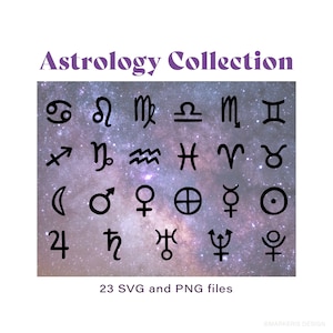 Astrologie Clip Art Designs, fichiers SVG et PNG de couleur noire de signes d’horoscope, signes de planète, icônes du zodiaque, signes d’étoiles, symboles célestes