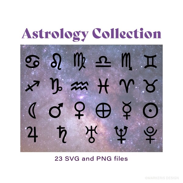 Astrology Clip Art Designs, Black Colour SVG and PNG Files of Horoscope Signs, Planet Signs, Zodiac Icons, Star Signs, Celestial Symbols