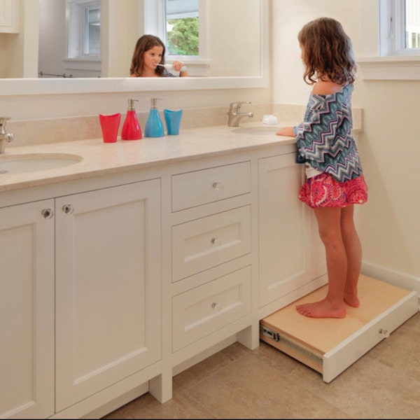Under Bathroom Cabinet Toe Kick Step Stool for Child w/ Push-To-Open Slides Custom Made to Order | Gift for Mom / Grandma | Children