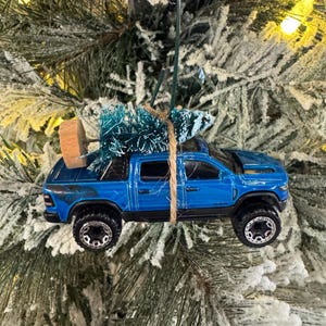RAM truck Blue Carrying Christmas Tree | Hot Wheel | Christmas Ornament ! Mopar | Hemi | Muscle Car | Gift for Dad