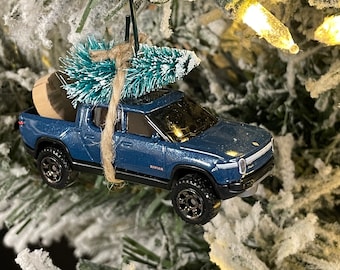 Rivian R1T Blue Carrying Christmas Tree Christmas Ornament Hot Wheel