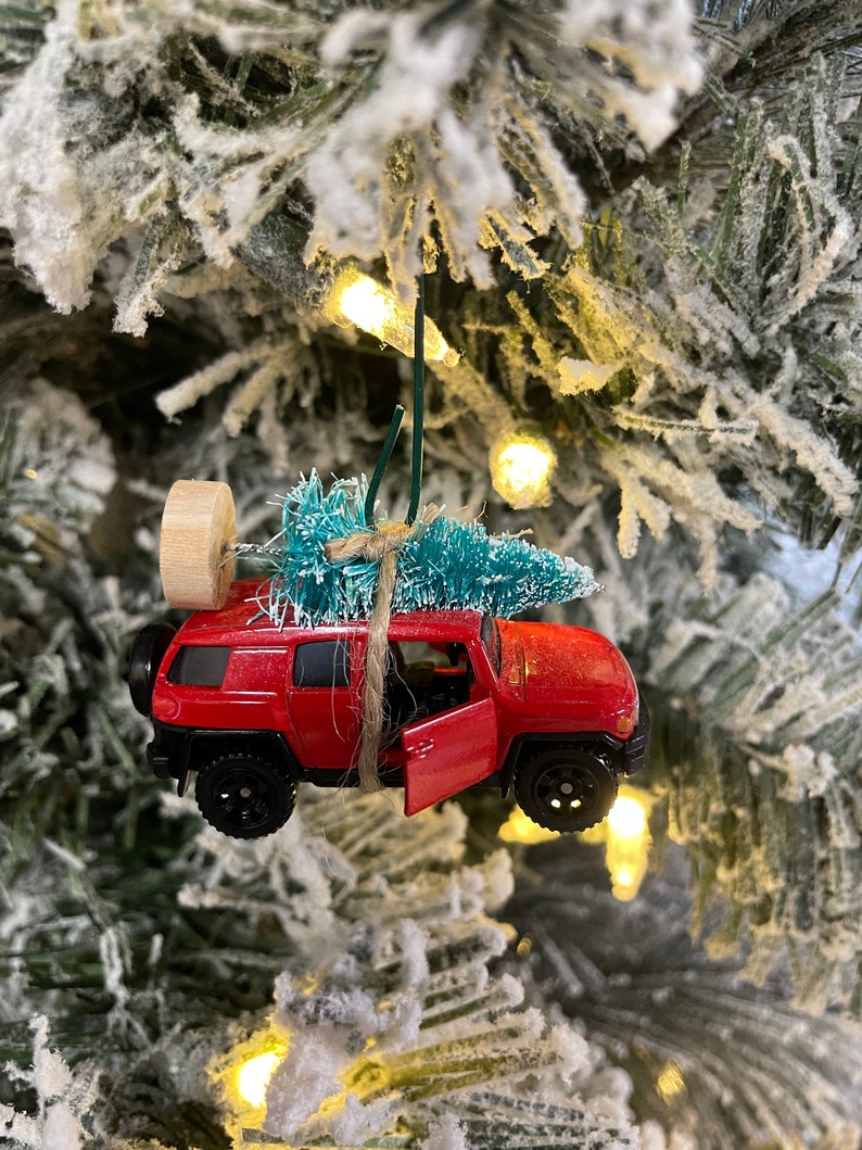 Toyota FJ Cruiser 4Runner Red Carrying Christmas Tree Christmas Ornament Hot Wheel Gift for dad / son image 3
