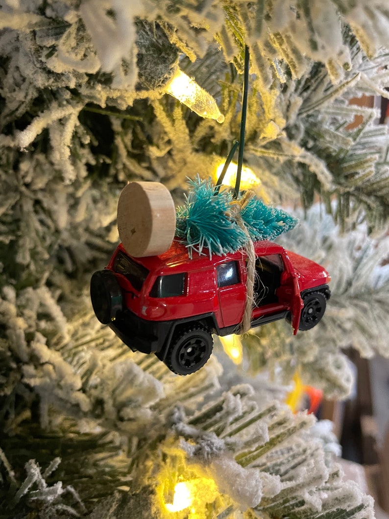 Toyota FJ Cruiser 4Runner Red Carrying Christmas Tree Christmas Ornament Hot Wheel Gift for dad / son image 2