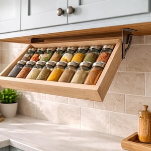 Puede incluir: Un especiero extraíble de madera instalado debajo de un armario de cocina, lleno de varios frascos de especias. El estante está inclinado para facilitar el acceso. La cocina presenta armarios azul claro y un salpicadero de azulejos neutros.