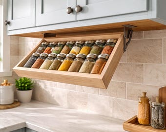 Organizador de especias con bisagra de resorte y montaje exterior *Hecho a medida* Bandeja plegable / Armario de especias / Organizador de madera / Estante de especias / Regalo para mamá