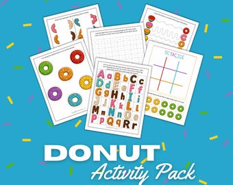 May include: A printable donut activity pack with various activities for kids, including cutting, matching, tracing, and tic-tac-toe. The pack features colorful donuts with sprinkles and a "DONUT Activity Pack" title.