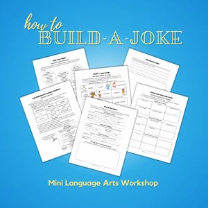 以下が含まれることがあります： 「how to BUILD-A-JOKE」という金色の文字が書かれた白いワークシートのコレクション。ワークシートは「Mini Language Arts Workshop」用で、穴埋め問題やジョーク作成アクティビティが含まれています。背景は青のグラデーションです。