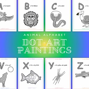 May include: A set of printable dot-to-dot coloring pages featuring animals and the alphabet. Each page has a letter of the alphabet and an animal name that starts with that letter. For example, the letter A has an axolotl, the letter B has a baboon, and the letter C has a cobra.