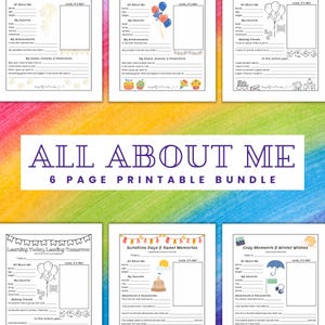 May include: A printable bundle of six "All About Me" pages for kids. Each page features a different theme, including fireworks, sunshine, winter, and learning. The pages include prompts for kids to fill in about themselves, such as their favorite activities, hobbies, and dreams.