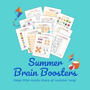 May include: A selection of summer-themed educational worksheets for children, including matching, counting, and trivia activities. The image features a kite, a pinwheel, and the text "Summer Brain Boosters".