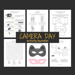 May include: A Camera Day activity bundle featuring printable pages. Includes a photography timeline, comic strip templates, a cut-and-fold camera, a word search, a crossword puzzle, and mask cutouts. Designed for educational activities.