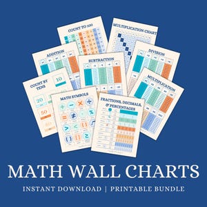 Paquete de gráficos de matemáticas para pared imprimibles / Gráficos de matemáticas imprimibles / Gráfico de conteo / Gráfico de multiplicación / Gráfico de división / Arte de pared para el aula