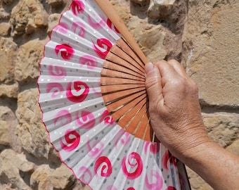 Natural Silk Fan Pink Exclusive Gift Exclusive Silk Painted Fan Small Pear Wood 19cm Gift Mom Gift Grandma Hand Unique Hand Fan