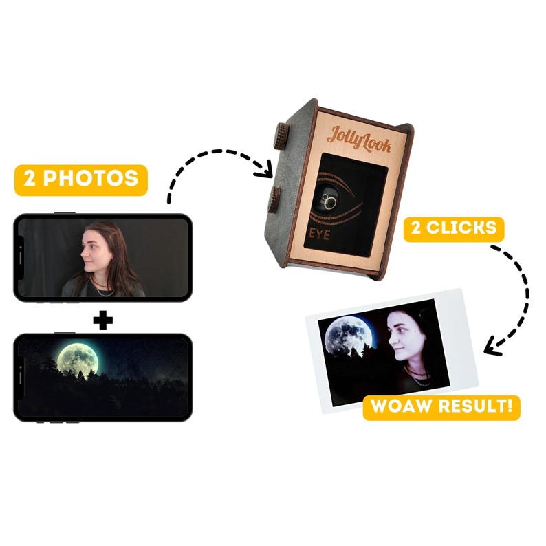 Pu&ograve; includere: Un dispositivo di legno a forma di macchina fotografica chiamato "JollyLook" con un'apertura nera a forma di occhio. Il dispositivo &egrave; mostrato con due schermi di telefono, uno con una foto di una persona e l'altro con una foto di un bosco illuminato dalla luna. Una foto Polaroid di una persona con un bosco illuminato dalla luna sullo sfondo &egrave; mostrata con il testo "2 clic, WOW risultato!"