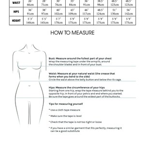 May include: Size chart for clothing with measurements in inches and centimeters. Bust, waist, hips, and height measurements are listed for sizes XS, S, M, L, XL, XXL, XXXL, and 4XL.  Instructions on how to measure yourself are included.