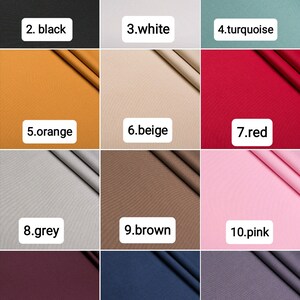 May include: A colour chart displaying 13 different fabric swatches. The swatches are arranged in three rows of four, with one swatch in the bottom right corner. The swatches are labelled with numbers and colour names: 2. black, 3. white, 4. turquoise, 5. orange, 6. beige, 7. red, 8. grey, 9. brown, 10. pink, 11. burgunu, 12. blue, 13. violet.