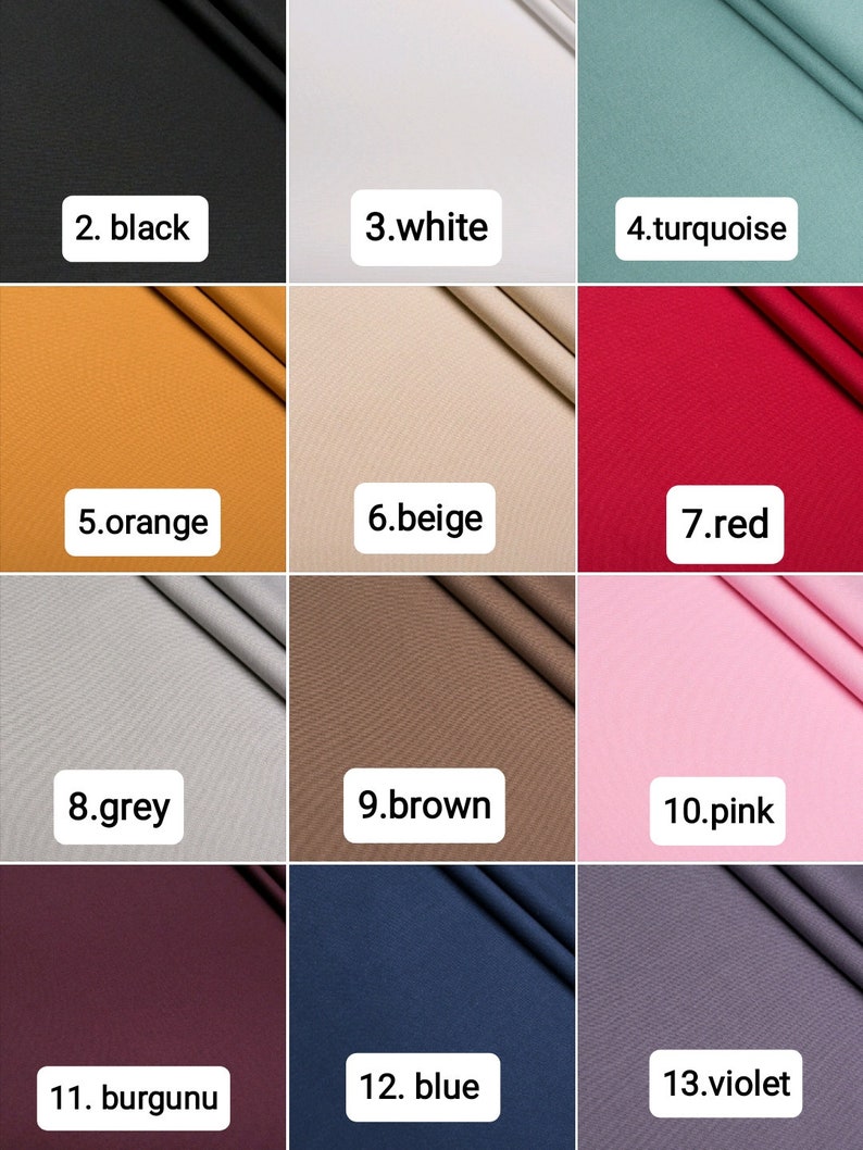 May include: A colour chart displaying 13 different fabric swatches. The swatches are arranged in three rows of four, with one swatch in the bottom right corner. The swatches are labelled with numbers and colour names: 2. black, 3. white, 4. turquoise, 5. orange, 6. beige, 7. red, 8. grey, 9. brown, 10. pink, 11. burgunu, 12. blue, 13. violet.
