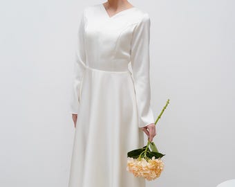 Vestido de novia largo hasta la rodilla, Vestido de novia estilo palacio de justicia, Vestido de novia modesto, Vestido de novia sencillo, Vestido de novia de manga larga, Vestido informal