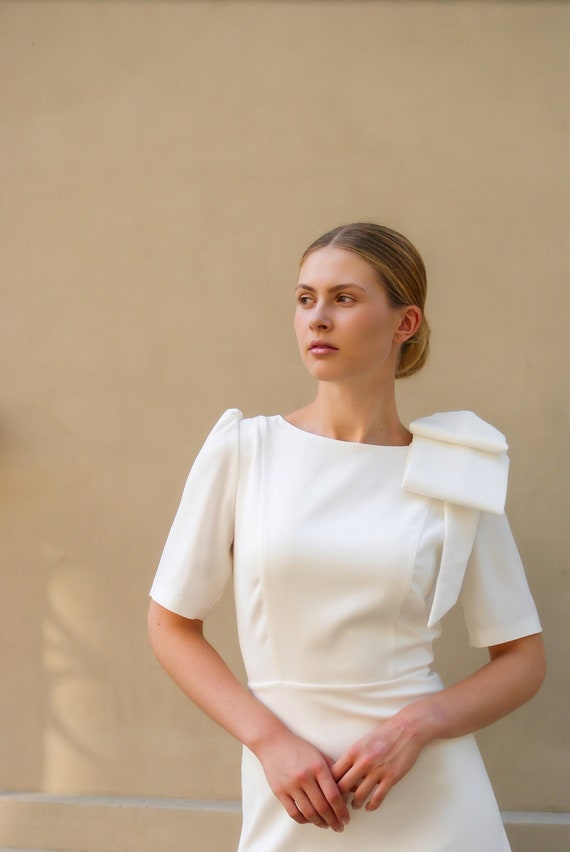 tea length wedding dress | modest wedding dress | simple wedding guest dress | short crepe wedding dress | mother of the bride dress tea length wedding dress | modest wedding dress | simple wedding guest dress | short crepe wedding dress | mother of the bride dress