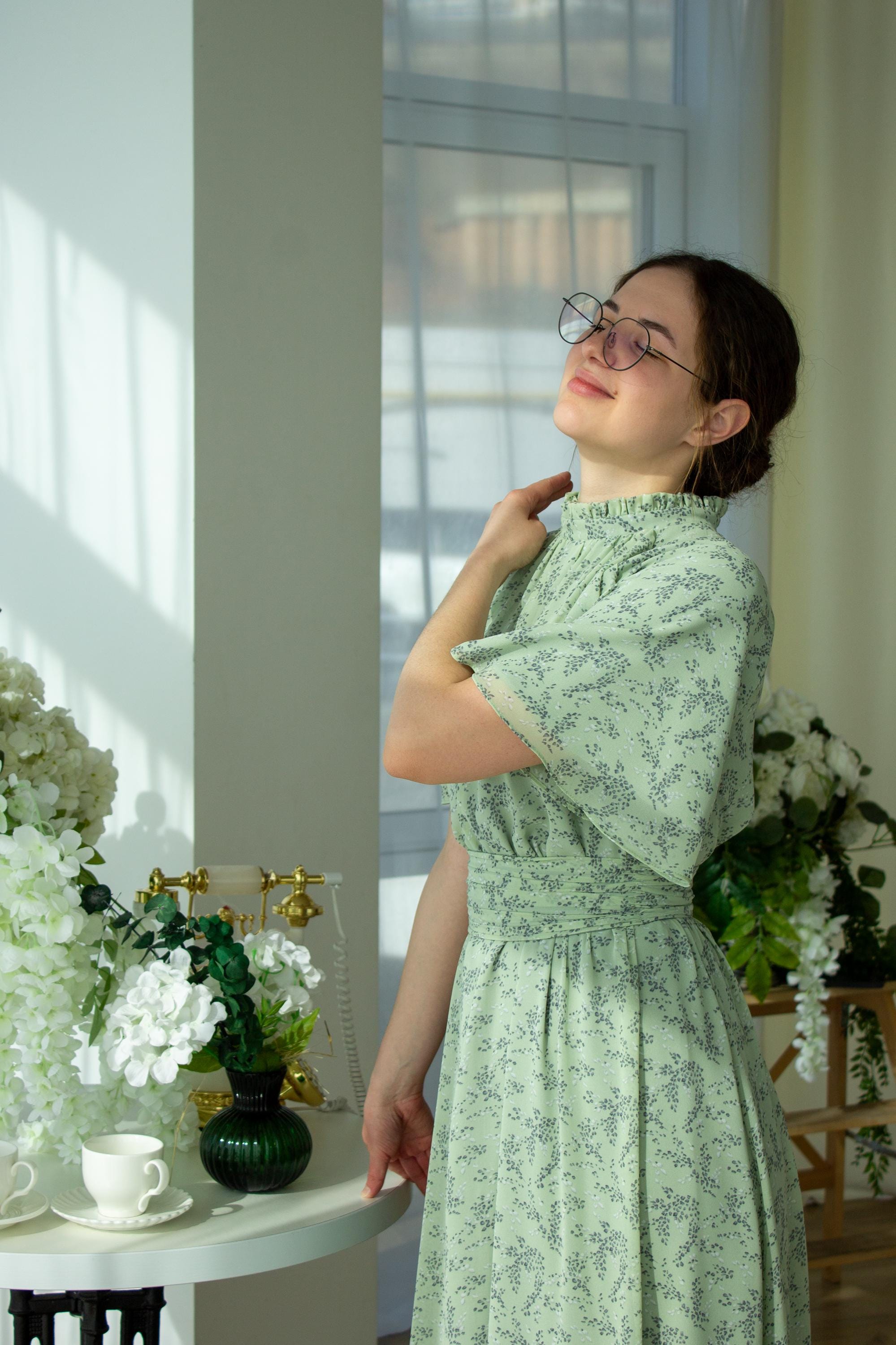 Mother Of The Bride Dress, Chiffon Floral Green Prom Groom Modest Dress