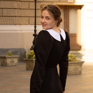 cottagecore dress, black formal cocktail dress, collar white dress, medieval dress, wedding guest dress, bridgerton dress
