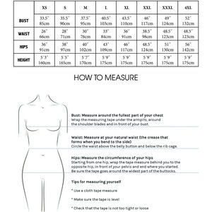May include: Size chart for clothing with measurements in inches and centimetres. Bust, waist, hips, and height measurements are listed for sizes XS to 4XL.