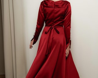 Robe de mère de la mariée, robe longue en soie, robe élégante à manches longues, robe longue en soie, robe de soirée pour femme, robe décontractée, robe en soie pour femme
