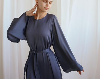 Robe de mère de la mariée, robe longue en soie, robe élégante à manches longues, robe longue en soie, robe de soirée pour femme, robe décontractée, robe en soie pour femme