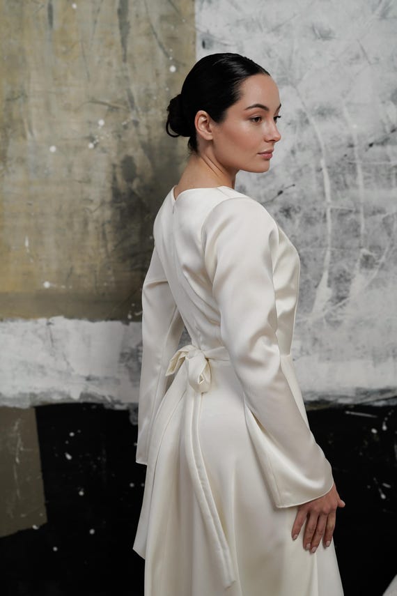 white long sleeve tea length dress Modest tea length wedding dress, Satin wedding guest dress, Womensclothing, White dress long sleeve women bridal, midi simple wedding dress