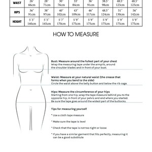 May include: Size chart for clothing with measurements in inches and centimeters. Bust, waist, hips, and height measurements are listed for sizes XS, S, M, L, XL, XXL, XXXL, and 4XL.  Instructions on how to measure yourself are included.