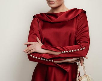 Robe de mère de la mariée, robe longue en soie, robe élégante à manches longues, robe longue en soie, robe de soirée pour femme, robe décontractée, robe en soie pour femme