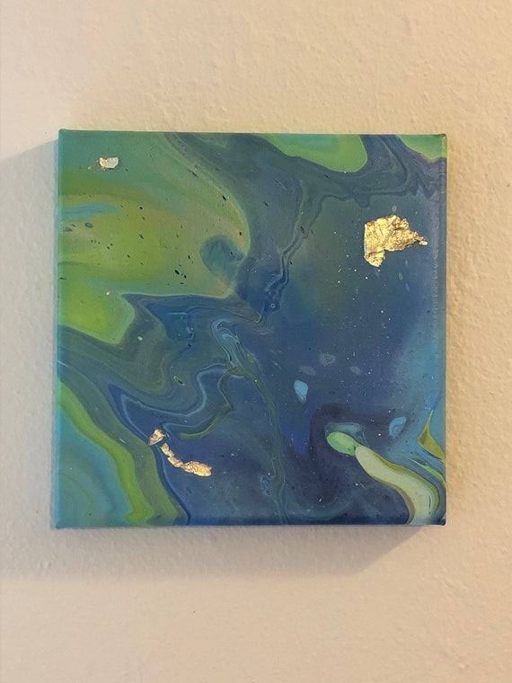 8x8 Canvas Art Blue and Green Abstract Acrylic Pour Painting with Gold Foil  Accents #2
