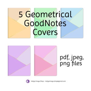 Può includere: Cinque copertine GoodNotes geometriche in colori pastello: pesca, verde, blu, viola e rosa. Ogni copertina presenta un design geometrico con linee dorate. Il testo "pdf, jpeg, png files" si trova sotto le copertine.