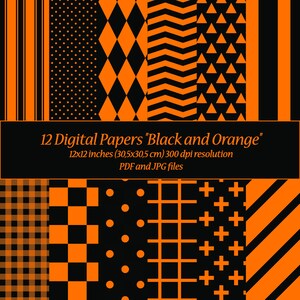 Può includere: Dodici carte digitali in nero e arancione con vari motivi geometrici, tra cui strisce, pois, diamanti, zigzag, triangoli, quadri, scacchi, pois, griglia e segni più. 30,5x30,5 cm (12x12 pollici) 300 dpi di risoluzione. File PDF e JPG.
