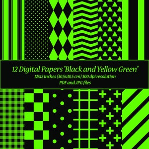 Può includere: Dodici carte digitali in nero e verde con vari motivi geometrici, tra cui strisce, pois, rombi, zigzag e segni più. Le carte sono 12x12 pollici (30,5x30,5 cm) e 300 dpi di risoluzione. File PDF e JPG.