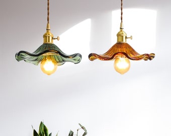 Pendant Glass Shade Light Fixture Vintage, Ceiling Lights, Hanging Light Brass, Retro Stain Glass Light, Ceiling Lamps