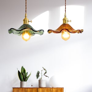 Pendant Glass Shade Light Fixture Vintage, Ceiling Lights, Hanging Light Brass, Retro Stain Glass Light, Ceiling Lamps