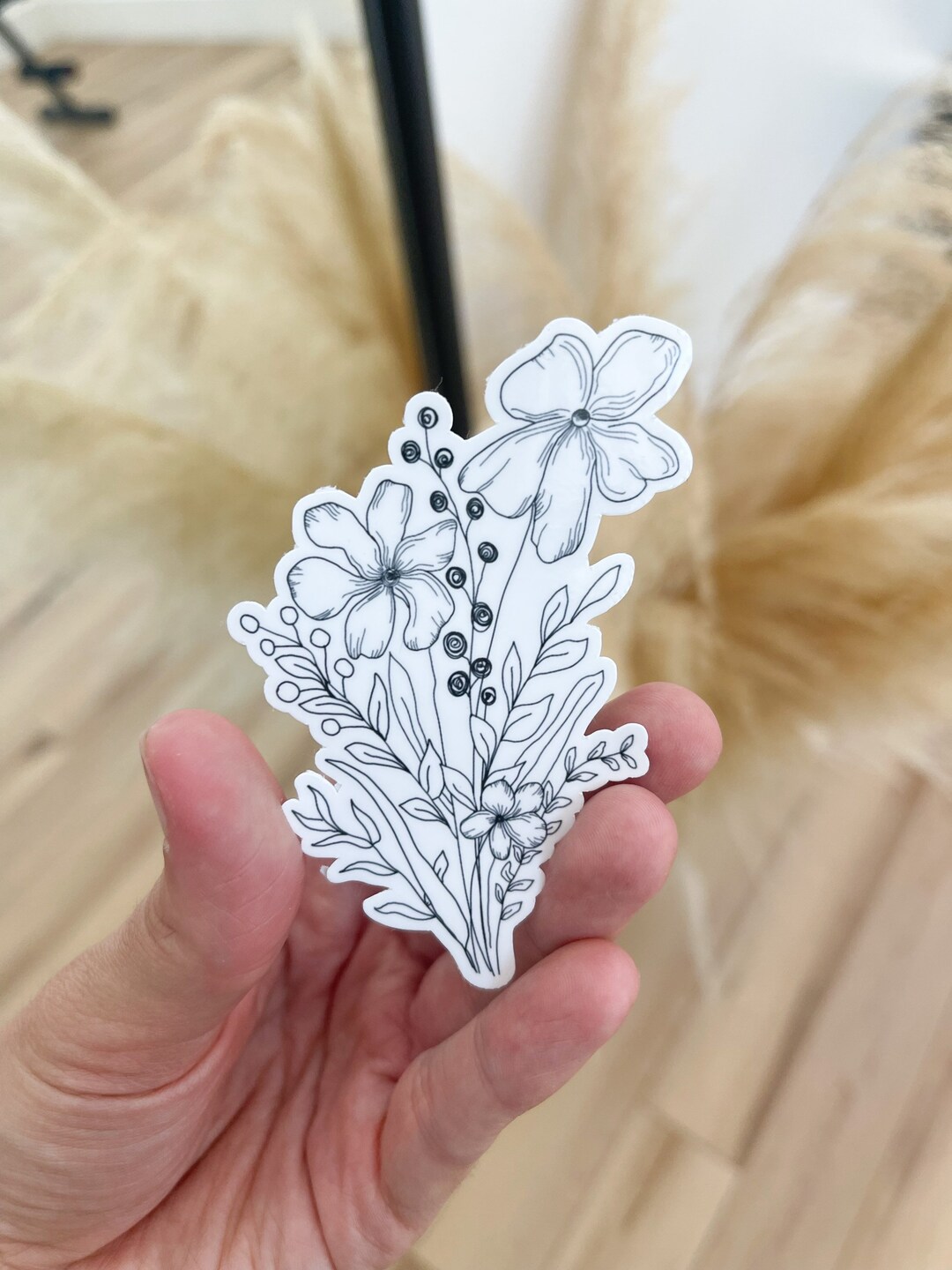 Black and White Line Art Flower Bouquet Sticker. - Etsy