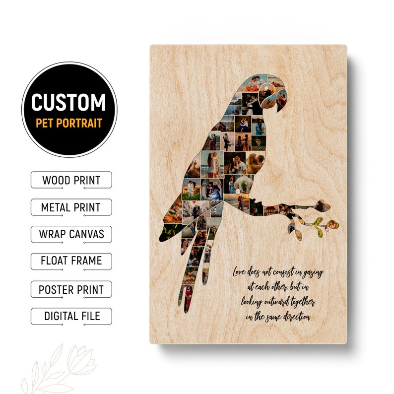 Personalized gift for parrot with photo collage for pet owners.