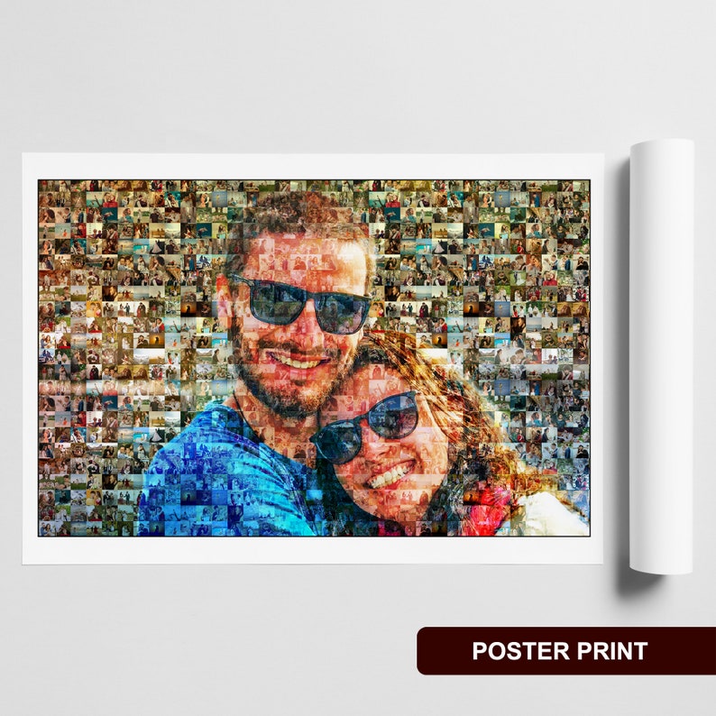 Custom Photo Mosaic Long Distance Relationship Gift For Boyfriend Wedding Gift For Couple Unique Mosaic Wall Decor Step Dad Gift Poster Print-Unframe
