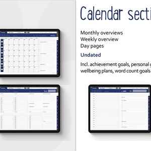 May include: Three screenshots of a digital planner app showing a monthly calendar view, a weekly view, and a daily view. The app is designed for goal setting and includes sections for achievement goals, personal goals, wellbeing plans, and word count goals. The app is undated.