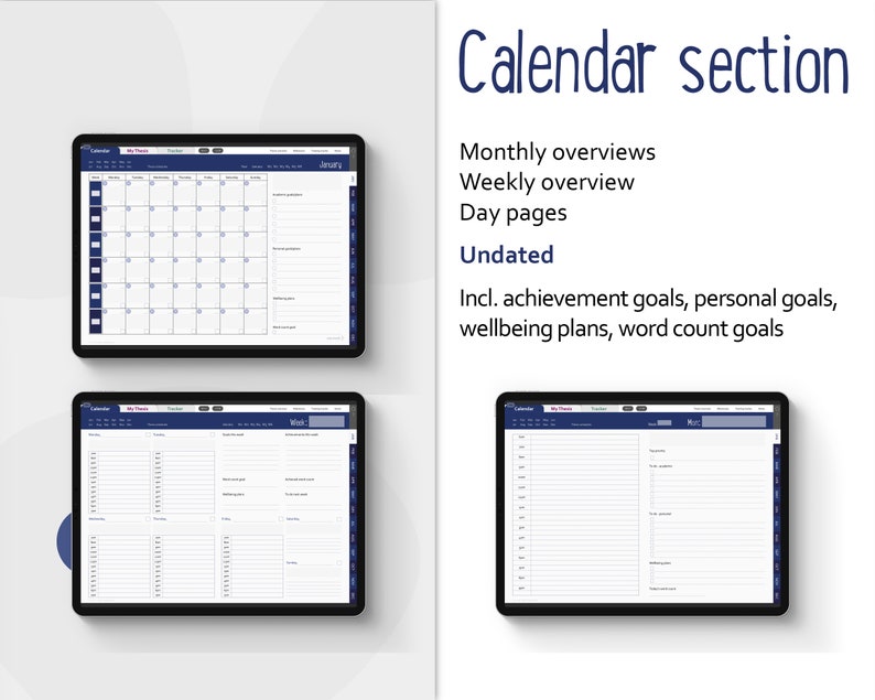 May include: Three screenshots of a digital planner app showing a monthly calendar view, a weekly view, and a daily view. The app is designed for goal setting and includes sections for achievement goals, personal goals, wellbeing plans, and word count goals. The app is undated.