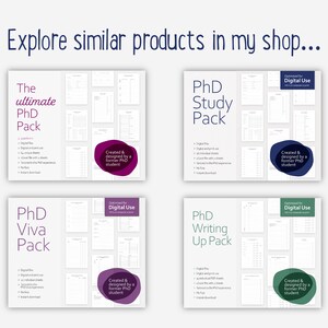 May include: Four printable digital planner packs for PhD students. Each pack features a different theme: The Ultimate PhD Pack, PhD Study Pack, PhD Viva Pack, and PhD Writing Up Pack. Each pack is designed by a former PhD student and optimized for digital use.
