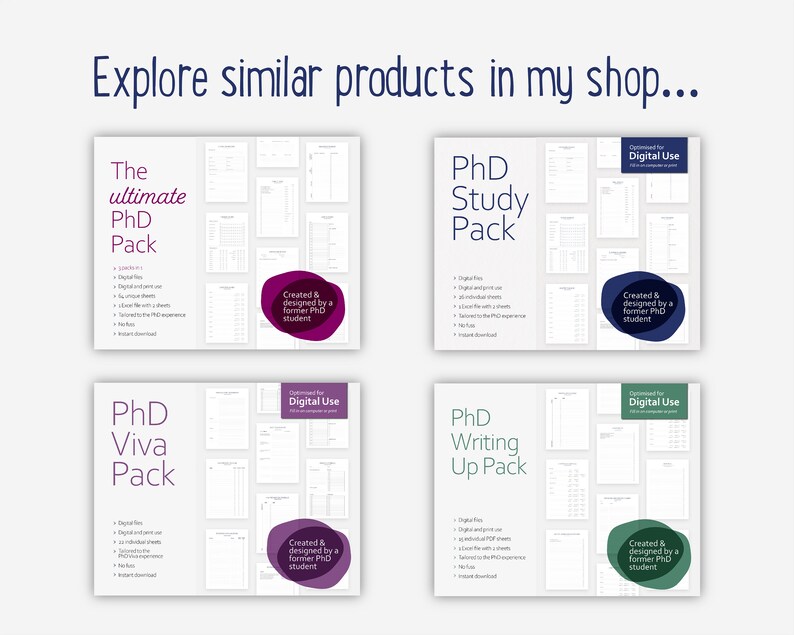 May include: Four printable digital planner packs for PhD students. Each pack features a different theme: The Ultimate PhD Pack, PhD Study Pack, PhD Viva Pack, and PhD Writing Up Pack. Each pack is designed by a former PhD student and optimized for digital use.
