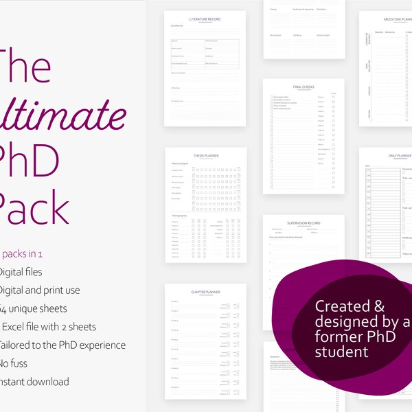 free dissertation planner Ultimate PhD Pack: 64 unique PDF pages + 2 Excel sheets to plan your Graduate Thesis/Dissertation | Sustainable | Instant DIGITAL Download